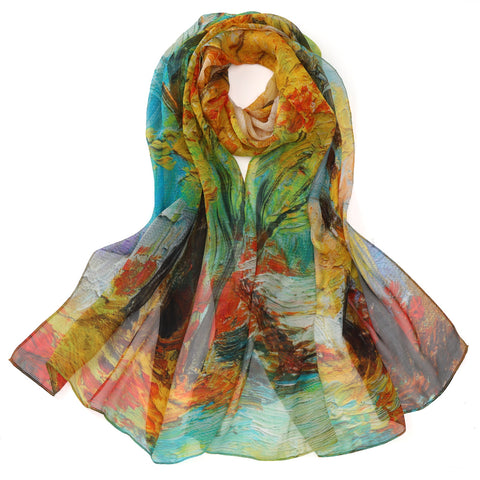 Long Silk Chiffon Scarf Fall Leaves Print SCH331