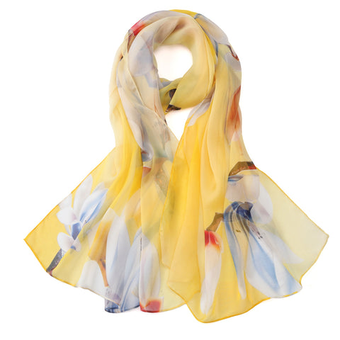 Long Silk Chiffon Scarf Light Yellow Magnolia Flower Print SCH333