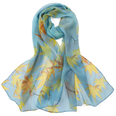 Long Silk Chiffon Scarf Blue Maple Print SCH332