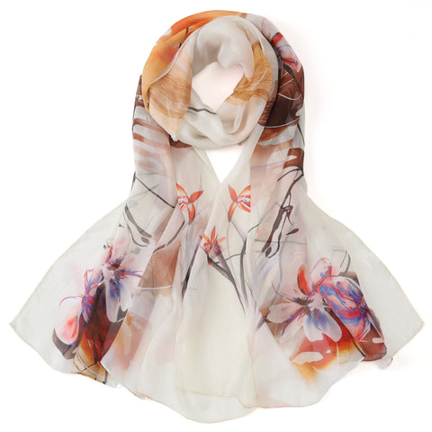 Long Silk Chiffon Scarf White and Brown Floral Print SCH318