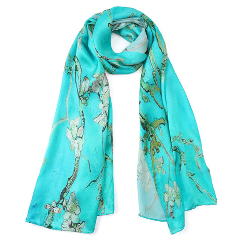 Long Charmeuse Silk Scarf with Classic Art Print Almond Blossoms By Van Gogh LZD144