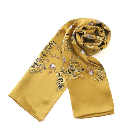 Long Silk Scarf for Men Gold Dragon Print SFM046