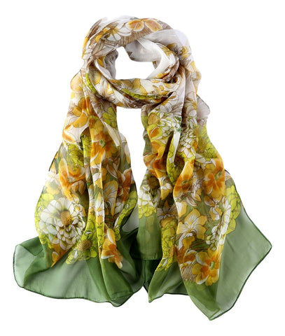 Long Silk Chiffon Scarf Green Theme Floral Print SCH040