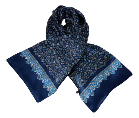 Long Silk Scarf for Men Navy Theme Paisley Print SFM045