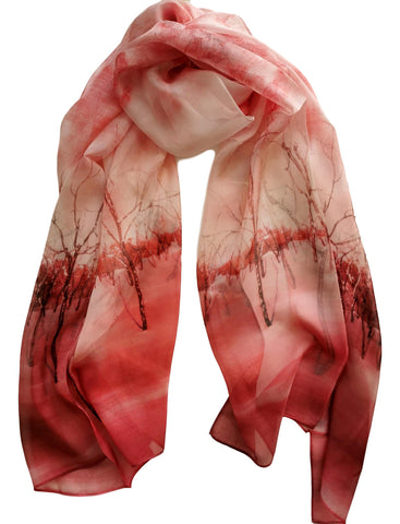 Long Silk Chiffon Scarf Red Theme Floral Print SCH316