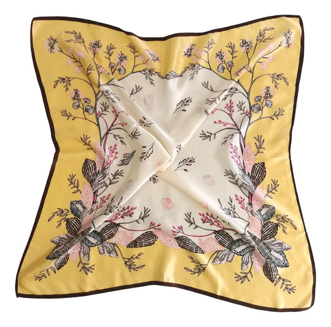 Large Square Silk Scarf Yellow Theme Floral Print SZD304