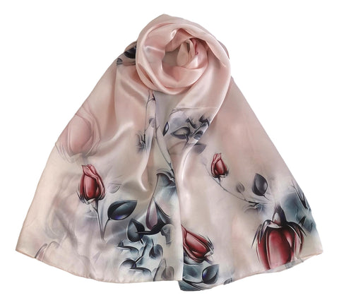 Long Charmeuse Silk Scarf Light Pink Floral Print LZD055