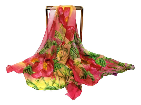 Extra Wide High Quality Silk Chiffon Scarf Pink Theme Floral Print SCH532