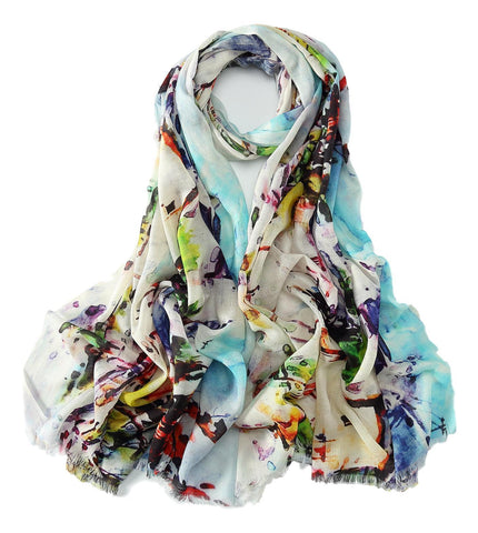 Yangtze Store 100% Wool Scarf White Theme Floral Print WO3013