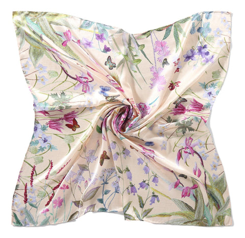 Yangtze Store Large Square Charmeuse Silk Scarf Beige Theme Floral Print DFJ103