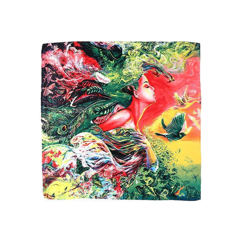 Yangtze Store Large Square Silk Scarf 36x36" (90x90cm) Green Theme Classic Painting Print SZD054