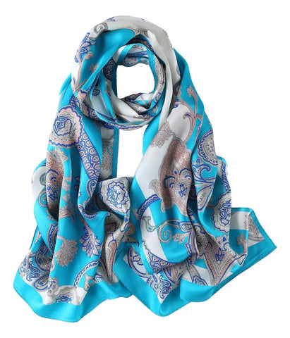 Yangtze Store Long Charmeuse Satin Silk Scarf Turquoise Theme Paisley Print LZD029