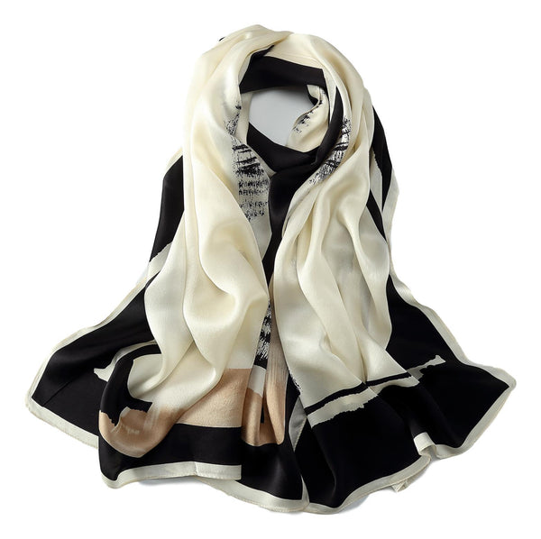 Long Charmeuse Silk Scarf Black and White Abstract Print LZD042