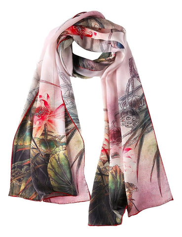 Yangtze Store Long Charmeuse Silk Scarf Green and Red Lotus Flower and Kingfisher Bird Print DCC104