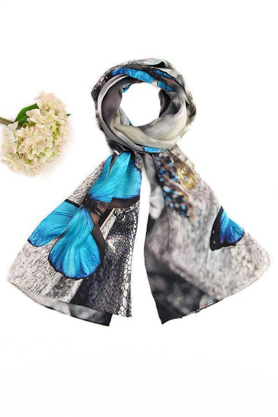 Long Charmeuse Silk Scarf Turquoise and Silver Theme Butterfly Print  Digitally Printed DCC043