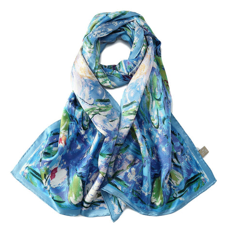 Yangtze Store Long Charmeuse Silk Scarf with Classic Painting Blue Floral Print LZD111