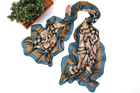 Yangtze Store Long Chiffon Scarf Navy and Brown Theme Plaid Print CHL113