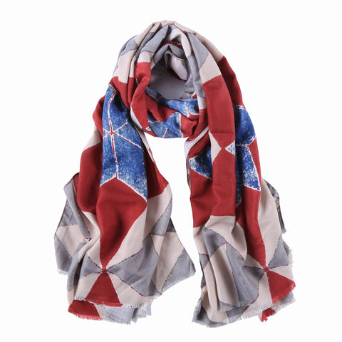Yangtze Store Long Cotton Scarf Gray Red and Blue Abstract Print COT906