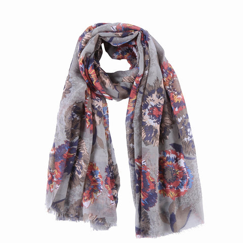 Yangtze Store Long Cotton Scarf Gray Theme Floral Print COT801