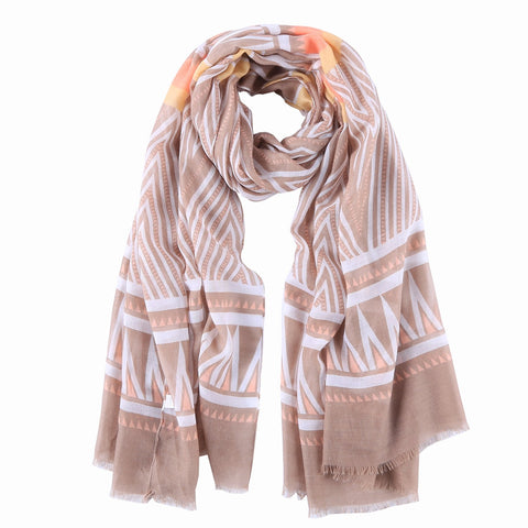 Yangtze Store Long Cotton Scarf Taupe Theme Striped Print COT809