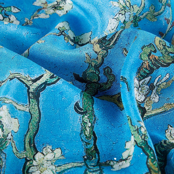 thumbnail interactive-video image 1 of NWT 100% Silk Scarf – Van Gogh Almond Blossom – Soft Beige – 35 X 70 – S0236 1 of 2