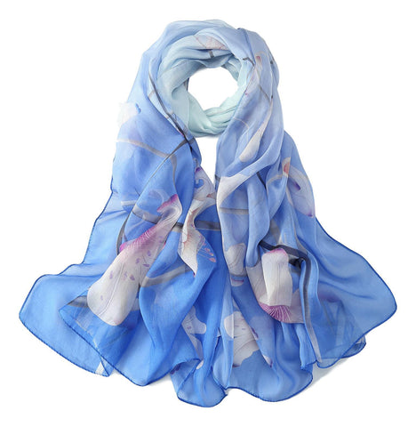 Yangtze Store Long Silk Chiffon Scarf Blue Theme Floral Print SCH303