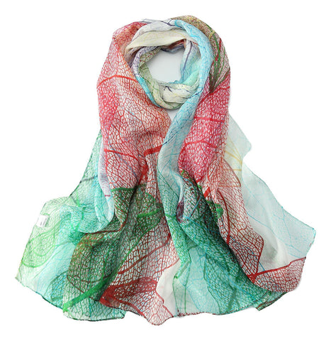 Yangtze Store Long Silk Chiffon Scarf Green and Red Floral Print SCH305