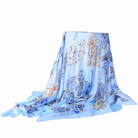 Yangtze Store Long Silk Feel Satin Scarf Blue Theme Floral Print LAT116
