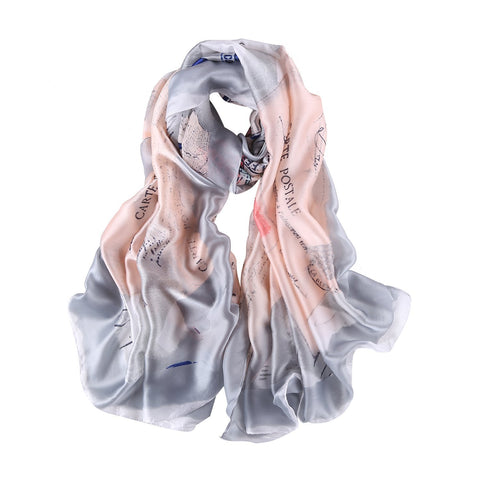 Yangtze Store Long Silk Feel Satin Scarf Silver and Pink Stamps Print LAT114