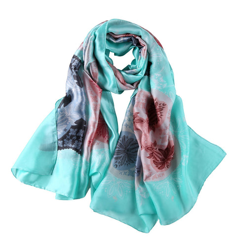 Yangtze Store Long Silk Feel Satin Scarf Turquoise Theme Floral Print LAT105