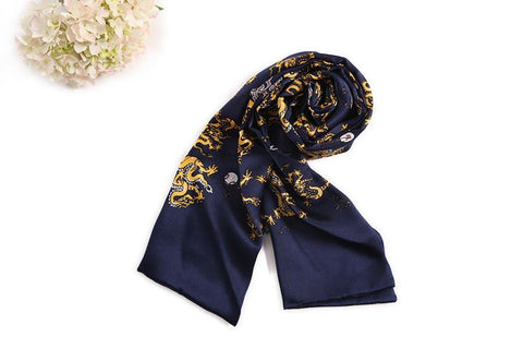 Yangtze Store Long Silk Satin Scarf for Men Navy Blue Theme Dragon Print SFM020