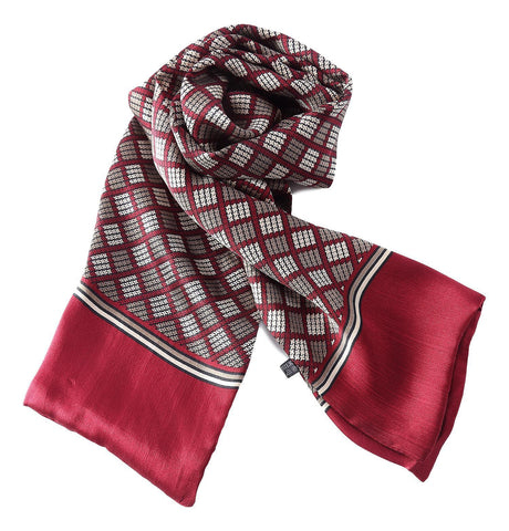 Yangtze Store Long Silk Scarf for Men Maroon Theme Check Print SFM037