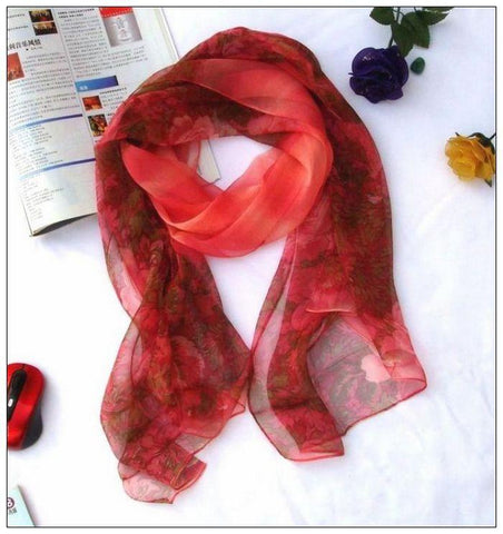 Yangtze Store Long Silk Scarf Georgette Pink Theme Floral Print QQL014