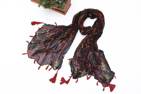 Yangtze Store Long Viscose Scarf Black and Red with Fringes COT214