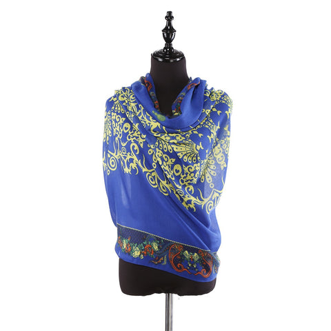 Yangtze Store Long Viscose Scarf Blue Theme Floral Print COT211