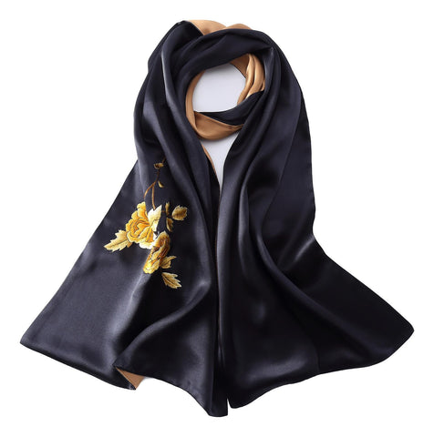 Yangtze Store Luxurious Extra Heavy Charmeuse Silk Scarf with Hand Embroidery EMB001