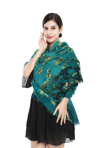 Yangtze Store Luxurious Extra Wide 100% Cashmere Scarf & Wrap Emerald Floral Print CSH216