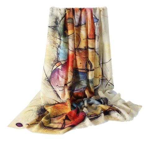 Yangtze Store Luxurious Extra Wide 100% Cashmere Scarf & Wrap Ivory and Yellow Art Print CSH226