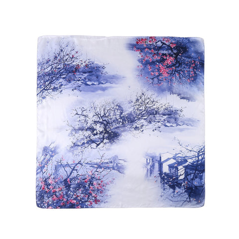 Yangtze Store Mid-Sized Square Charmeuse Silk Scarf Blue Theme Village Scenery Print ZFD204