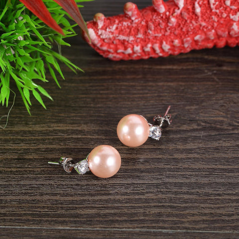 Yangtze Store Pink/Silver Stud Pearl Earrings PSE004