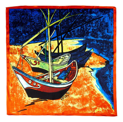 Silk Neckerchief Small Square Silk Scarf Classic Painting The Boat XFJ410