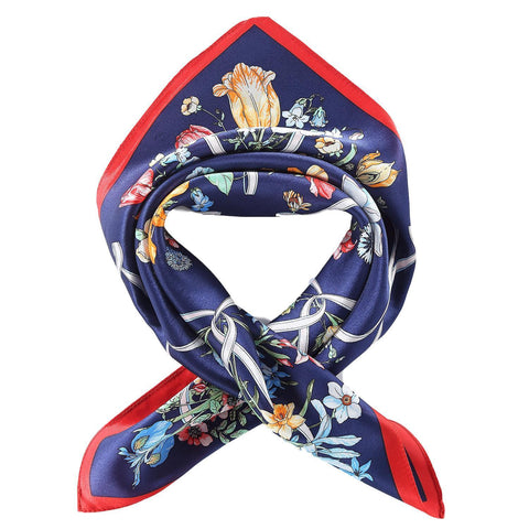 Yangtze Store Silk Neckerchief Small Square Silk Scarf Navy Color Floral Print XFJ240
