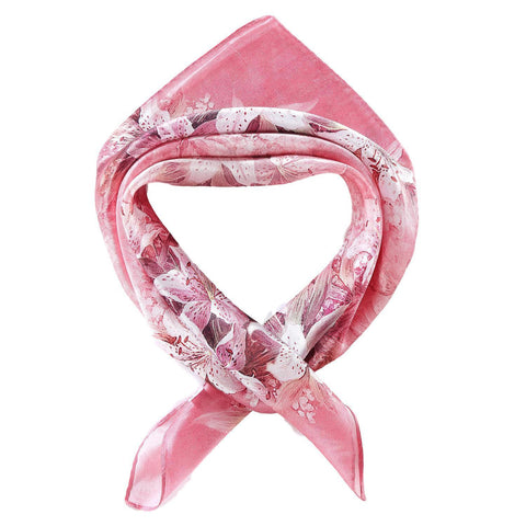 Yangtze Store Silk Neckerchief Small Square Silk Scarf Pink Theme Lily Print XFD207