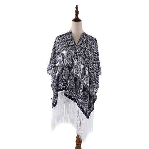 Yangtze Store Women's Sheer Kimono Cardigan Cape Black and White Houndstooth  Print CAR001