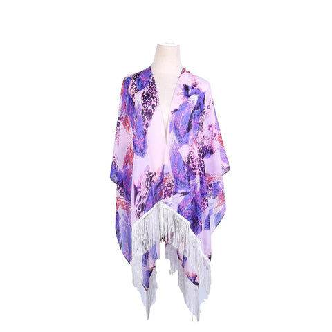 Yangtze Store Women's Sheer Kimono Cardigan Cape Purple Theme Leopard Print CAR016