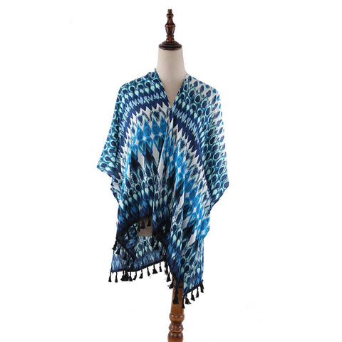 Yangtze Store Women's Sheer Kimono Cardigan Cape Turquoise Theme Peacock Feather Print CAR013