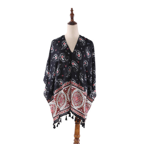 Yangtze Store Women's Sheer Poncho Cape Black and Red Paisley Print CAR005