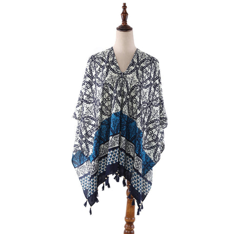 Yangtze Store Women's Sheer Poncho Cape Black and White Geometric Print CAR008