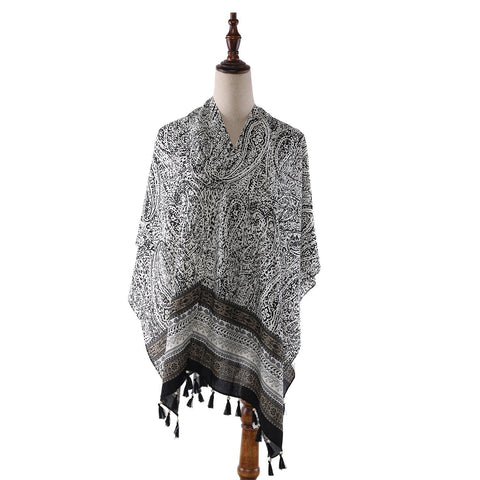 Yangtze Store Women's Sheer Poncho Cape Black and White Paisley Print CAR010