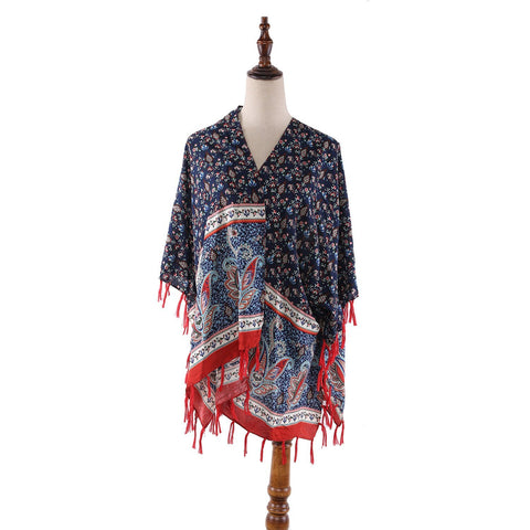 Yangtze Store Women's Sheer Poncho Cape Navy and Red Paisley Print CAR009